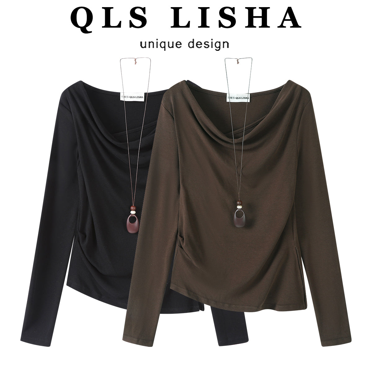 Cholisa Koreya Retro Qəhvəyi Uzunqollu Qadın Üstü, Erkən Yaz və Payız Üçün Düzensiz Kəsikli İncə Fit Futbolka