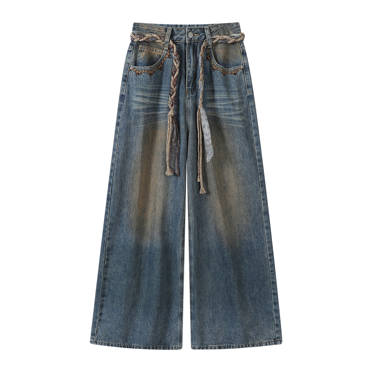 Chalisa'nın Retro Qadınlar üçün Yüksək Belli Cins Şalvarı, Payız Amerika Yüksək Küçəsi Üslubunda Boş Düz Geniş Ayaqlı Şalvar