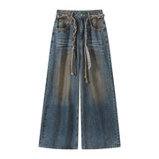 Chalisa'nın Retro Qadınlar üçün Yüksək Belli Cins Şalvarı, Payız Amerika Yüksək Küçəsi Üslubunda Boş Düz Geniş Ayaqlı Şalvar