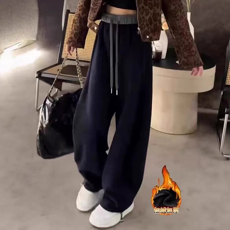 Payız və qış üçün qadın üçün əyri bıçaq dizaynlı, gündəlik üslubda, böyük ölçüdə, elastik yüksək bel ilə, arıqladıcı, çox yönlü düz ayaqlı şalvar.