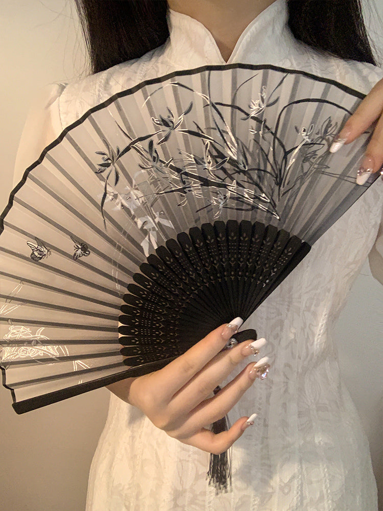 Çin üslubunda qara mürəkkəb rəsm cheongsam fanatı portativ yay antik Çin üslubunda qotaz qatlanan fan portativ Hanfu bambuk fanatı