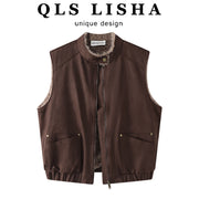 Chorlisa Qadınlar üçün Koreya Qəşəng Geriyə Bərpa Olunan Jilet, Payız/Qış Retro Quzu Yunlu Üst Geyim, Dəbli və Dəbli