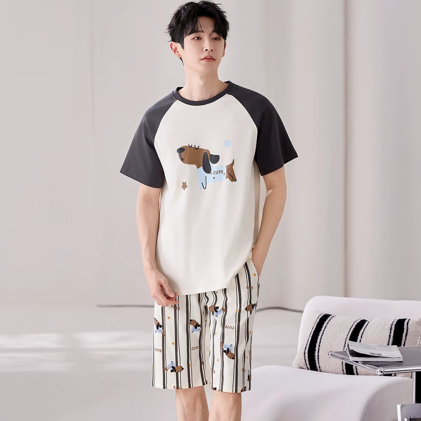 Kişilər üçün pijama yay təmiz pambıq nazik qısaqol şort kostyumdan kənarda geyinmək olar təsadüfi böyük ölçülü kişi sərin ev paltarı