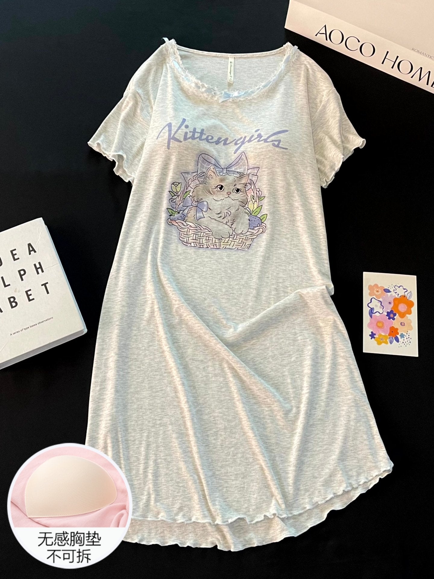 Qadınlar üçün moda gecə paltarı yay təmiz pambıq qısaqol pijama böyük ölçülü sərin döş yastığı ilə çiçək səbəti pişik yay ev geyimi