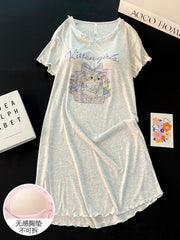 Qadınlar üçün moda gecə paltarı yay təmiz pambıq qısaqol pijama böyük ölçülü sərin döş yastığı ilə çiçək səbəti pişik yay ev geyimi