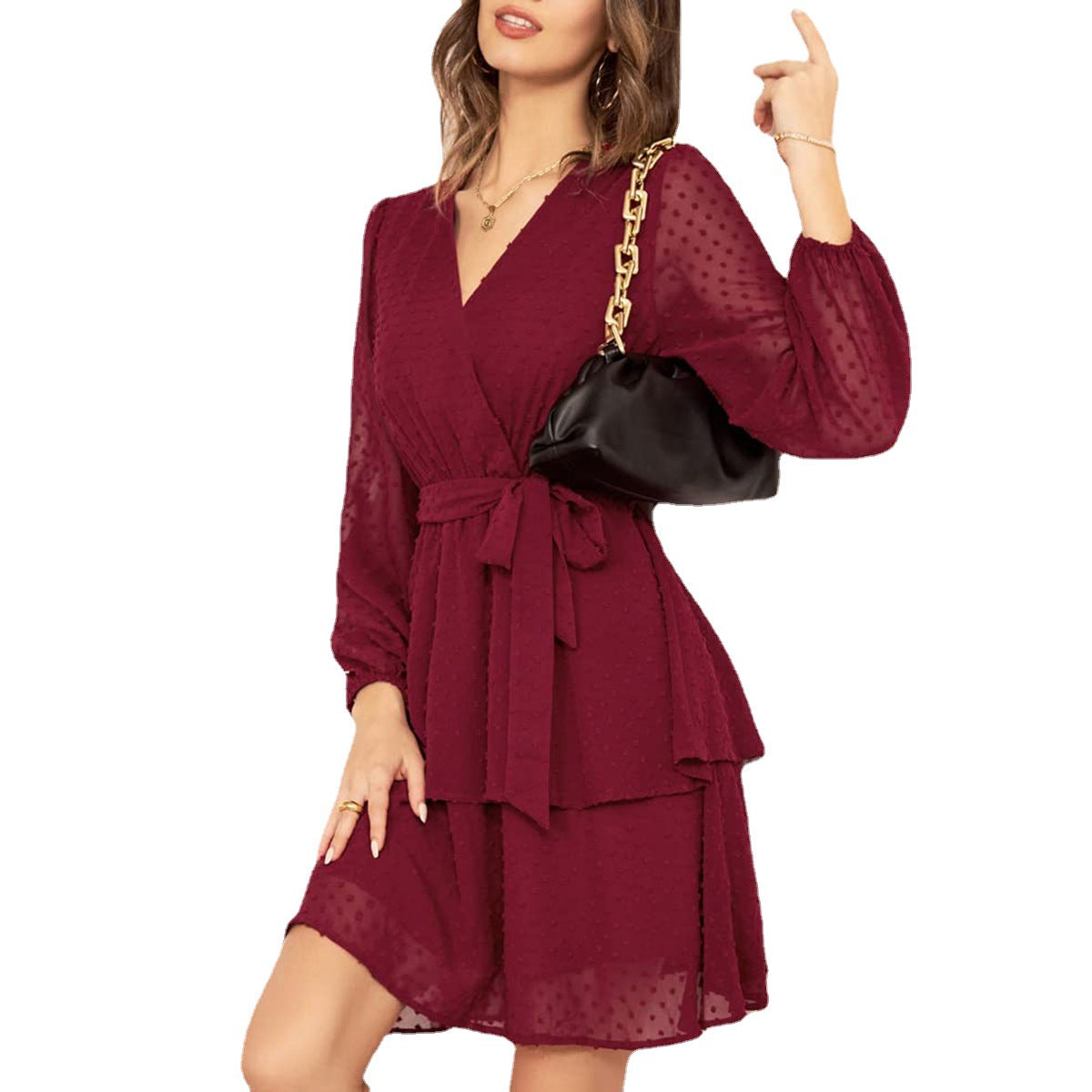 Qadın şifon V-yaxalı don fənər uzunqol kokteyl