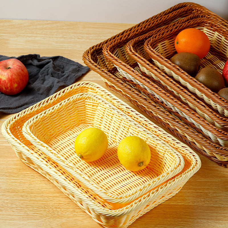 Düzbucaqlı imitasiya rattan meyvə səbəti, plastik toxunmuş çörək səbəti, supermarket ekran səbəti, məişət qəlyanaltı saxlama səbəti