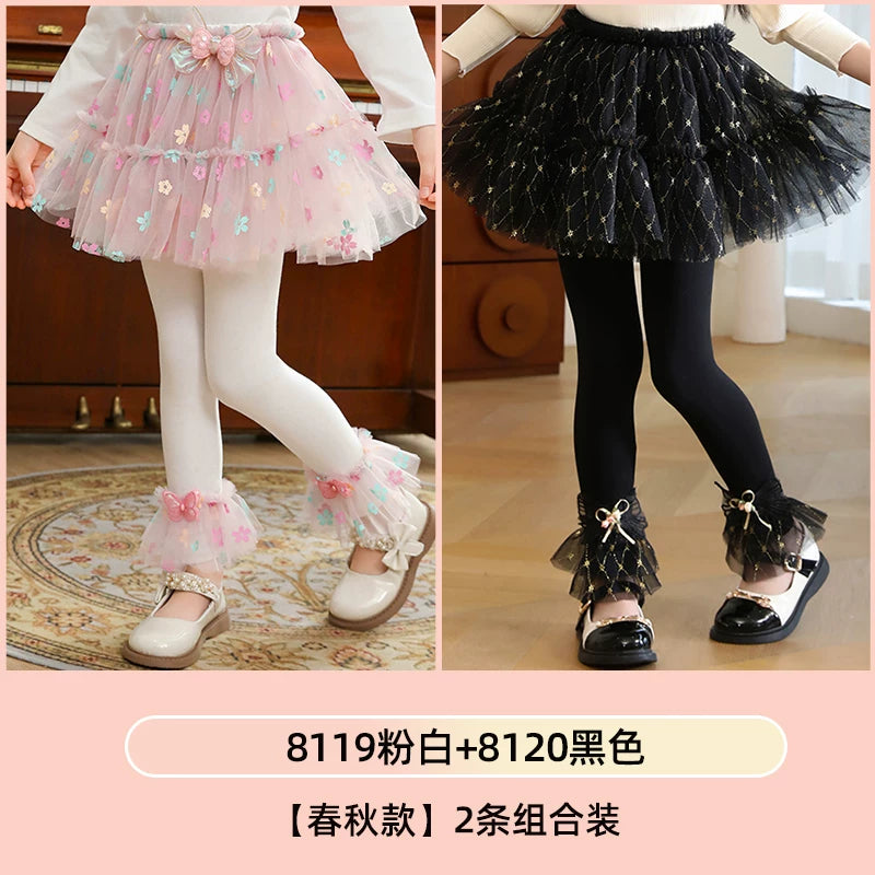 Qızlar üçün bir hissəli ətək şalvarları, 2025-ci ilin yaz və payız mövsümü üçün yeni model uşaq qış geyimləri, flis astarlı, süni iki hissəli leqinslər, ağ, çöldə geyinmək üçün.