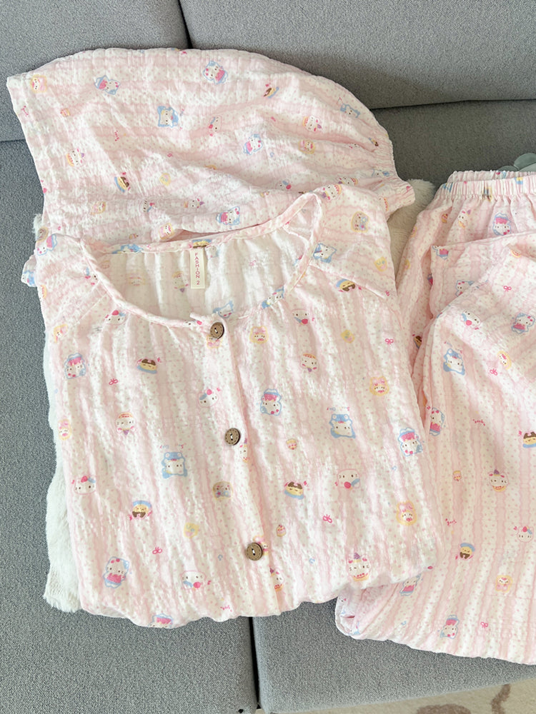 Yunduo təmiz pambıq cuna pijama qadın qısaqol şalvar 2026 yeni yay üç parça dəst sevimli pişik qız ev geyimi