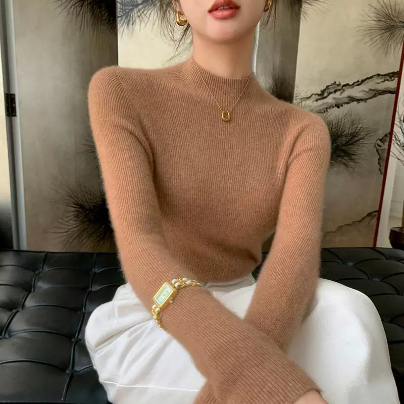 Qadınlar üçün yüksək keyfiyyətli yun sviter, hündür yaxalı, incə bədən quruluşlu, laylı-laylı, payız və qış üçün ideal, yeni model, qalın və çoxfunksiyalı toxunma sviter