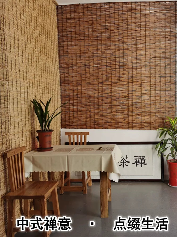 Qamış pərdə dekorativ saman pərdə Çin Zen tərzi bambuk pərdə günəş kölgəsi açıq arakəsmə yayma pərdəsi çay otağı balkon pərdəsi