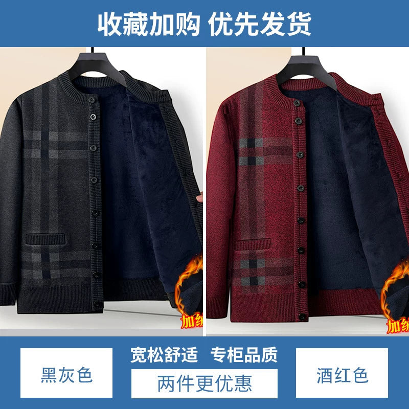 Payız və qış qalın flis hırka, orta və yaşlı insanlar üçün isti, dairəvi yaxalı düyməli toxunma sviter palto, baba köynəyi