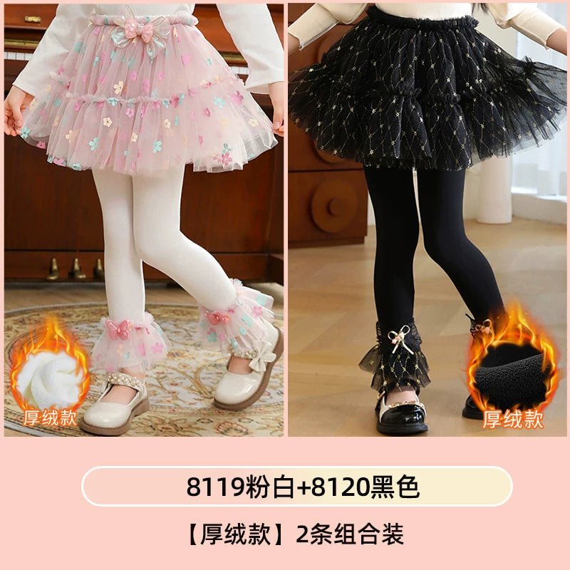 Qızlar üçün bir hissəli ətək şalvarları, 2025-ci ilin yaz və payız mövsümü üçün yeni model uşaq qış geyimləri, flis astarlı, süni iki hissəli leqinslər, ağ, çöldə geyinmək üçün.