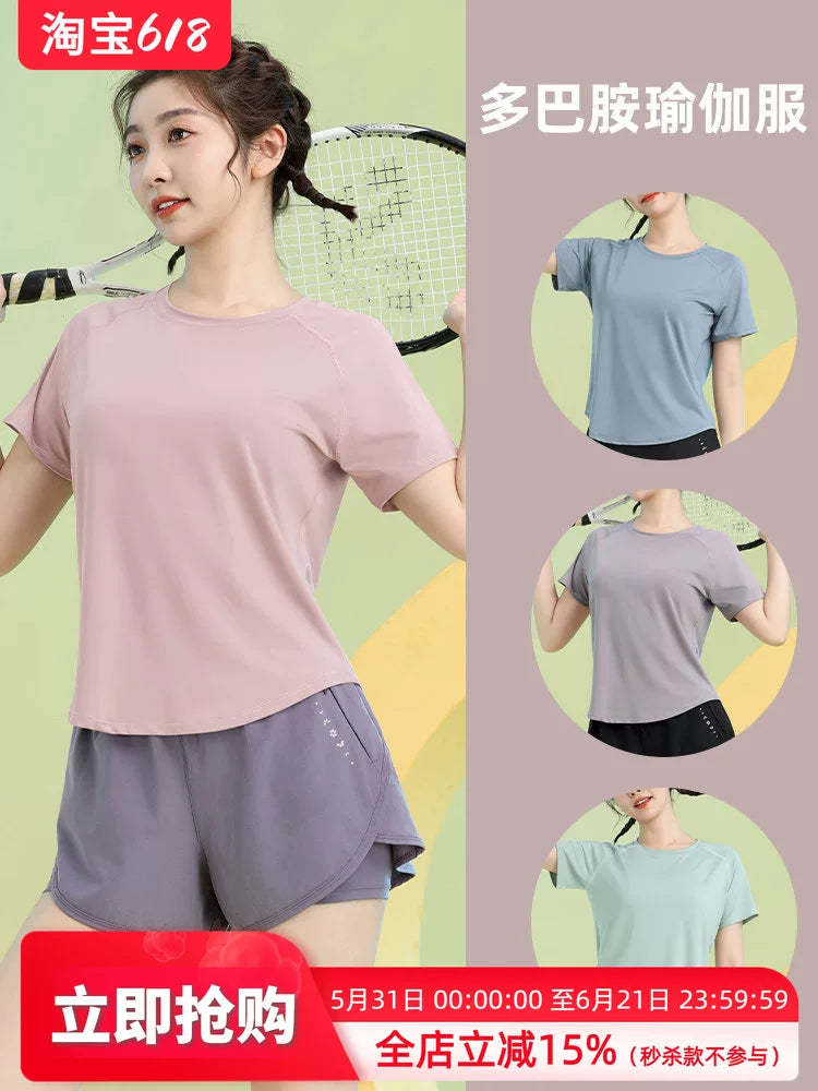 Yay dopamin geyimi yüngül nəfəs alan badminton geyimi qadın qısaqol boş fitnes geyimi yoqa tez quruyan köynək