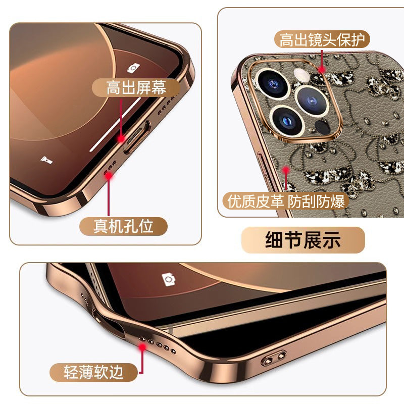 Compatible with Apple iPhone 15 Pro Max, iPhone 16/17/12/13/14, cute Hello Kitty leather case with electroplating, high-end full-coverage premium feel, luxury gold-plated protective case for iPhone 16 Plus.