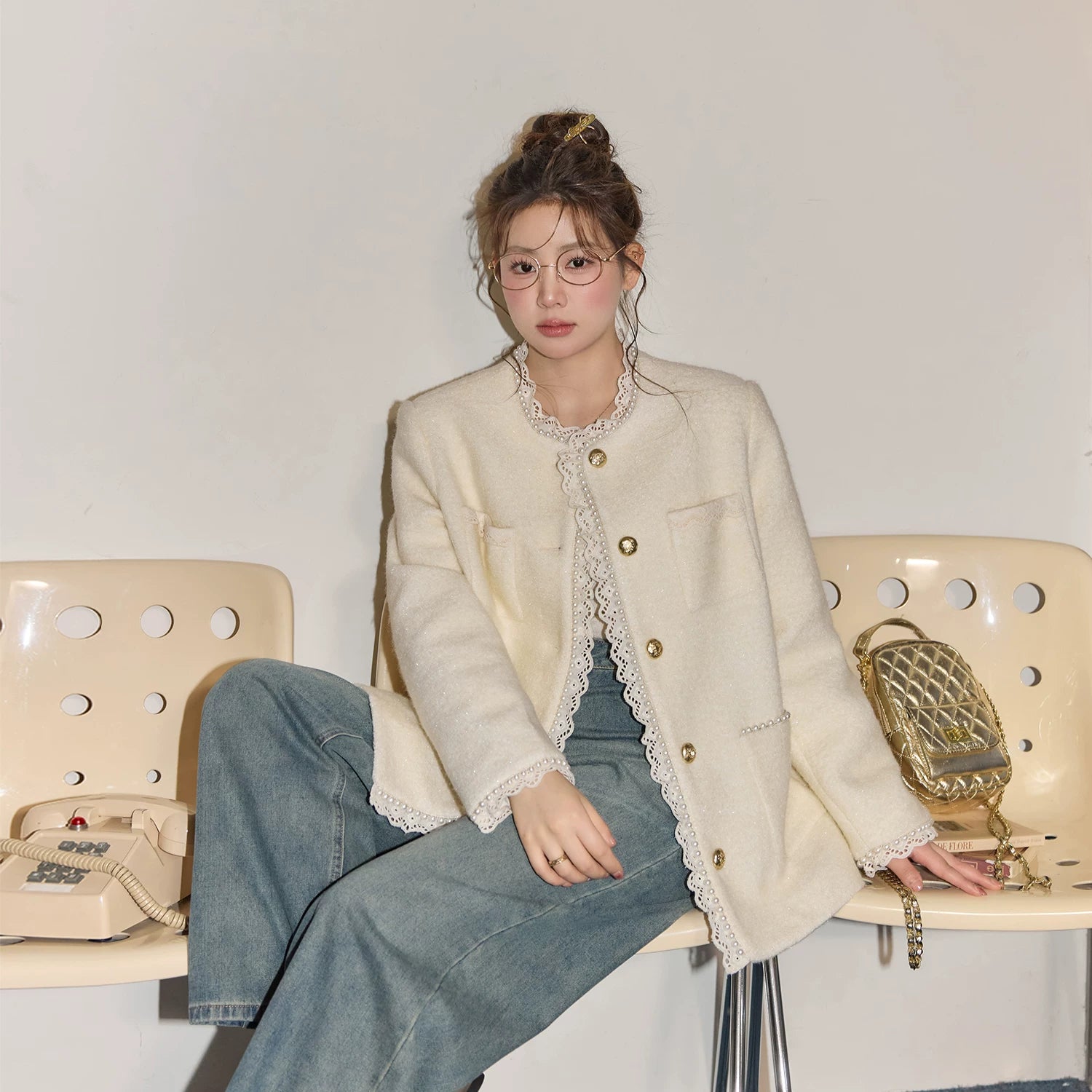 Zhang Daren Böyük Ölçülü Qadın Geyim Dəsti - Fransız Qəşəng Chanel Üslubunda Gödəkçə, Geniş Ayaqlı Şalvar və Cins Şalvar