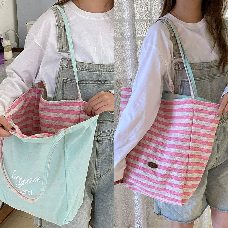2025 New Striped Double-layer Canvas Bag for Women, Lazy Style, Large Capacity, Shoulder Bag