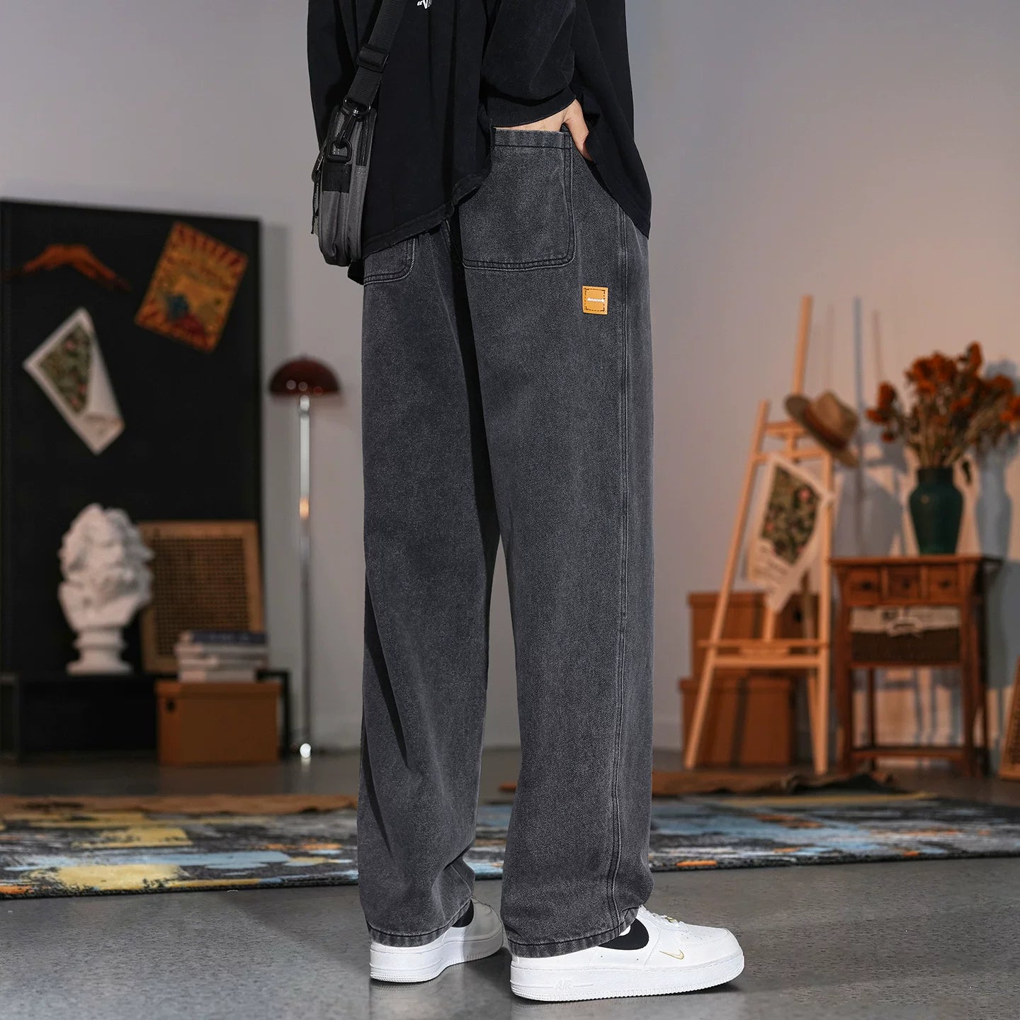 Kişilər üçün New Balance xaki cins şalvarı, 2025-ci ilin payız yeni modeli, boş, düz ayaqlı gündəlik iş şalvarı.