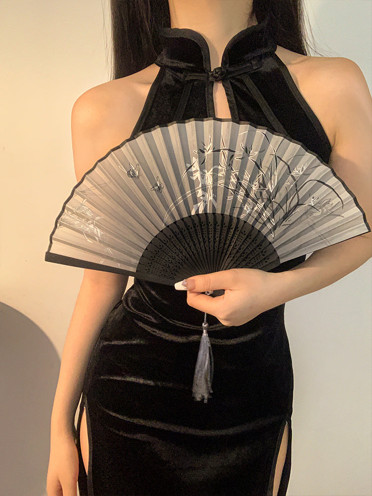 Çin üslubunda qara mürəkkəb rəsm cheongsam fanatı portativ yay antik Çin üslubunda qotaz qatlanan fan portativ Hanfu bambuk fanatı