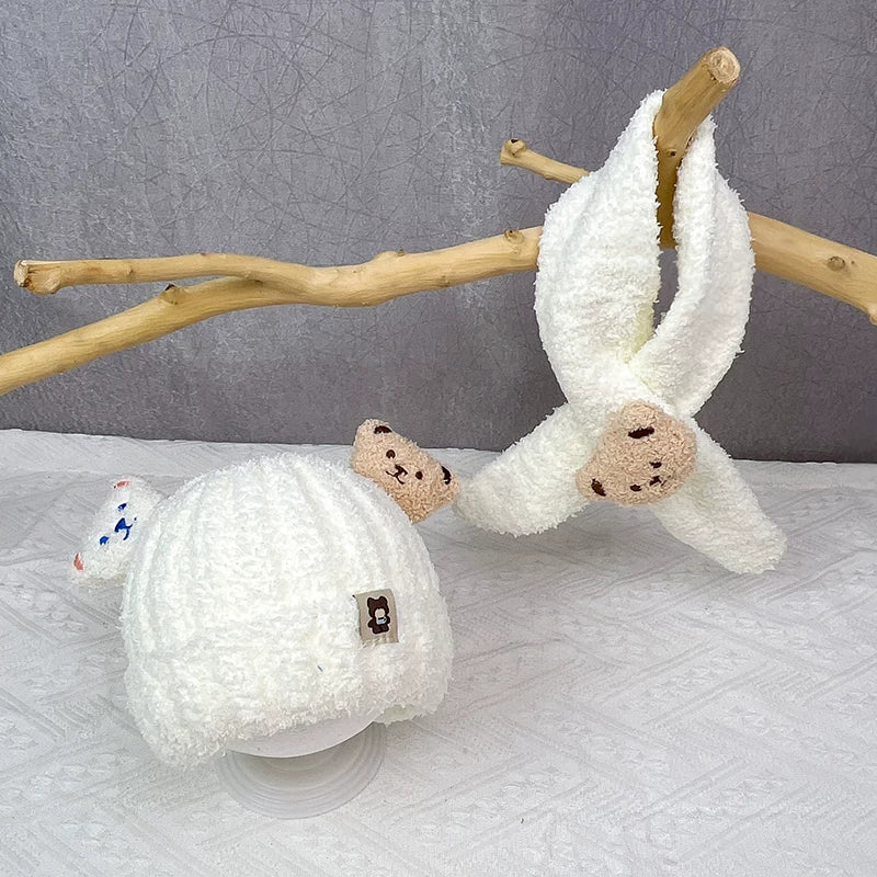 Körpə papağı və şarfı iki hissəli dəst, şirin ayı körpəsi qulaqcıqlı papaq, qalın və isti, oğlan və qızlar üçün, payız və qış üçün idealdır.