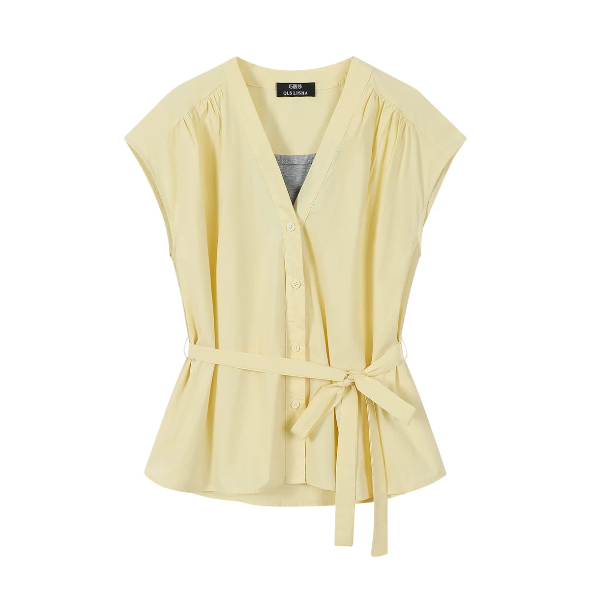 Chorlisa qadın köynəyi, yüksək keyfiyyətli, dəbdəbəli, gənc, şık V-yaxalı, süni iki hissəli, fransız üslubunda rahat və rahat top, yay.