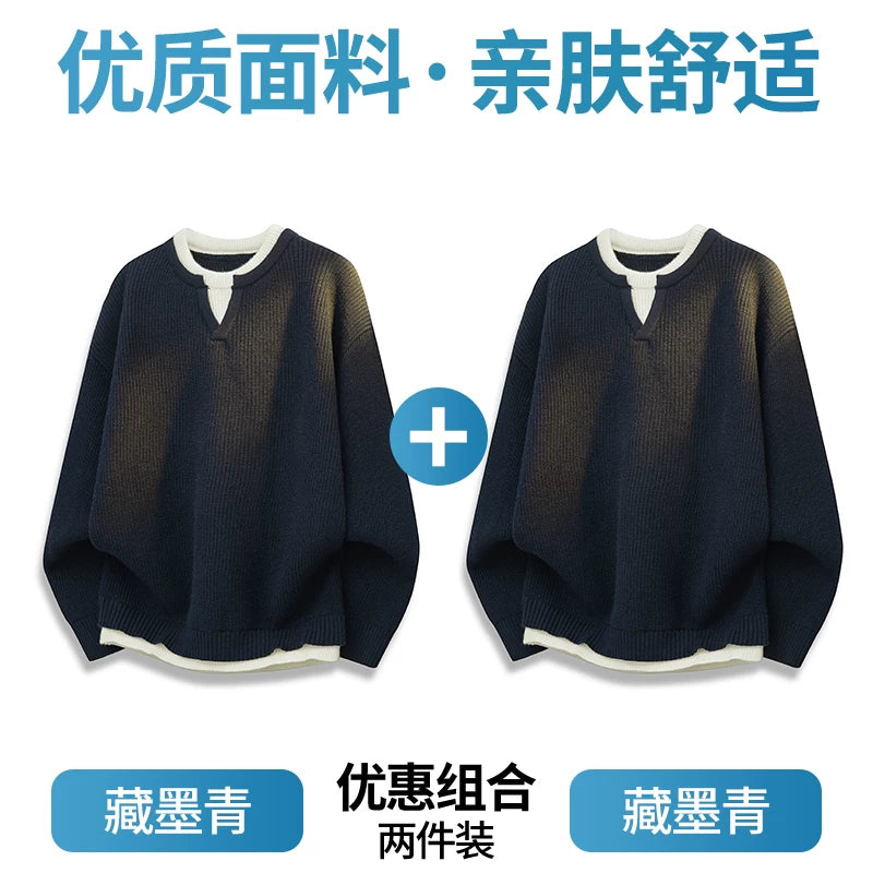 Romon Faux İki Hissəli Sviter Kişilər üçün 2025 Yeni Payız və Qış İsti Trikotaj Qalınlaşdırılmış Daxili Qatlı Kişi Topu