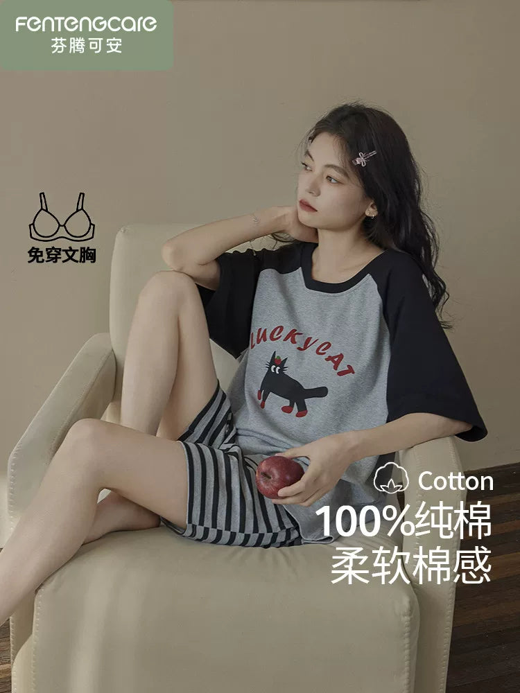 Fenton Kean Döş Yastıqlı Pijama Qadınlar üçün Yay Təmiz Pambıq 2026 Yeni Qısaqol Şort Tələbə Ev Geyimi Dəsti