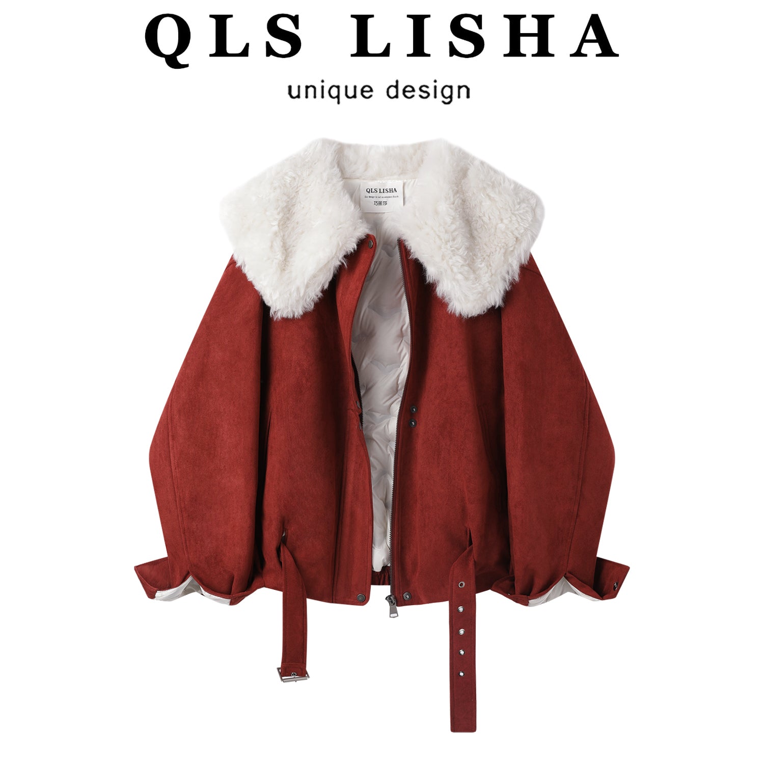 Cholisa-nın özünəməxsus və gözəl qış isti qırmızı qısa qalın paltosu, quzu yun yaxası olan qadın aşağı gödəkçəsi.