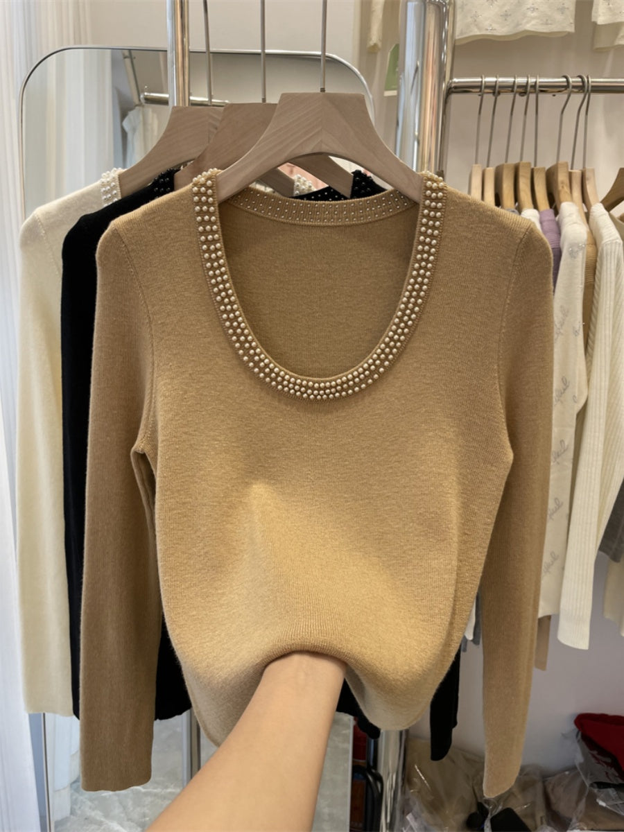 Böyük ölçülü qadın U-formalı trikotaj sviter, payız və qış dizaynı, muncuqlu sviter, boş və arıqladıcı top