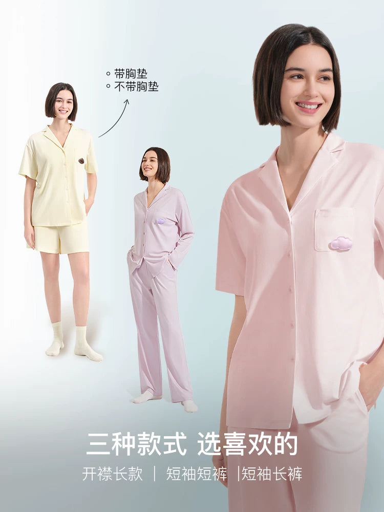 Liu Wen'in eyni üslubu | ubras bulud pambıq ev paltarı qadın pijama cüt dəsti kişi buz ipək qısaqol şort yay