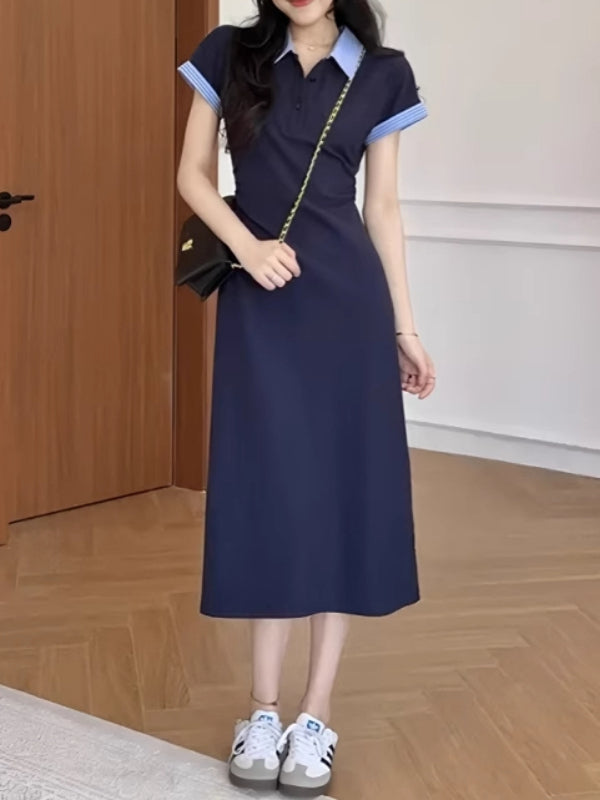 Böyük ölçülü yay Koreya üslubunda qadın üçün rəngli bloklu polo yaxalıqlı don, nazik, yüksək belli, arıqladıcı, bədən quruluşuna uyğun uzun don.