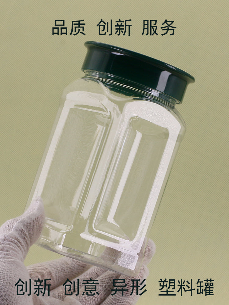 Plastik möhürlənmiş banka şəffaf şüşə geniş ağız qalınlaşdırılmış düz yaradıcı həkim qapağı qəhvə qoz çiçəyi çay qida dərəcəli qablaşdırma