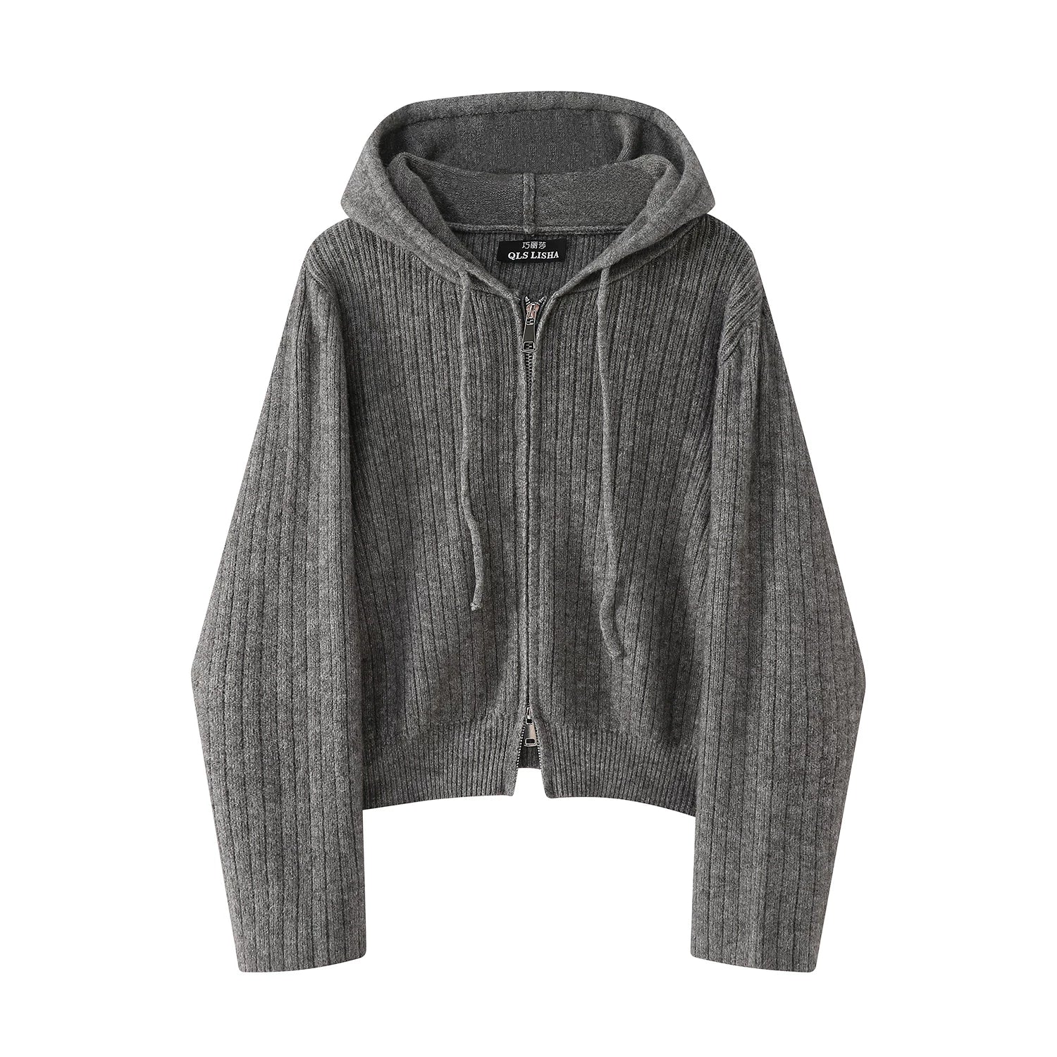 Chola Lisa Boz Sviter Kardiqan, Payız/Qış Yüksək Zövqlü Daxili Qatlı Top, Koreya Üslubunda Tənbəl Başlıqlı Örgü Kardiqan