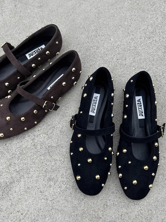 İspan küçə geyimləri brendinin 2025-ci il yeni zamşa tikmələri ilə düz gündəlik çox yönlü tək qayışlı aşağı kəsikli qadın ayaqqabıları