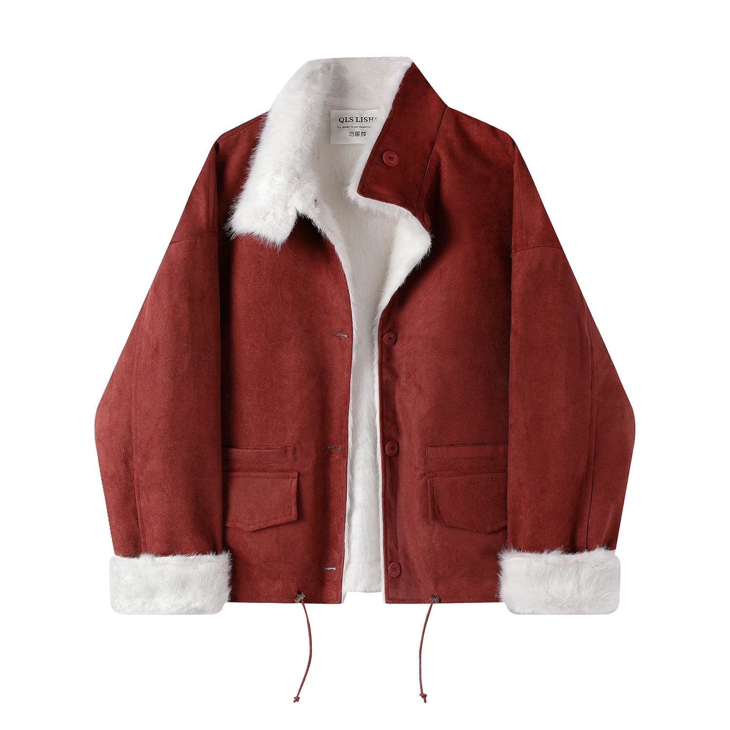 Cholisa-nın qış üçün mükəmməl olan super şirin qırmızı zamşa yun astarlı paltosu, zərif və geri çevrilə bilən uzun model.