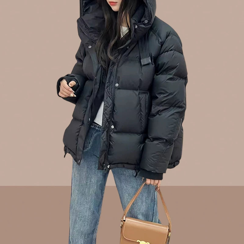 Avropa üslubunda qadınlar üçün böyük ölçülü başlıqlı pambıq yastıqlı gödəkçə, 2026-cı ilin payız və qış yeni modası, Koreya üslubunda boş və isti gödəkçə, gündəlik palto.