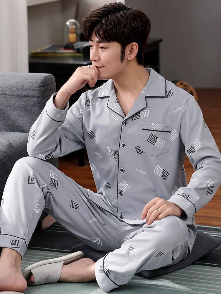 Langsha Kişilər üçün Təmiz Pambıq Pijama 2025 Yeni Yaz və Payız Nazik Uzunqollu Böyük Ölçülü Payız və Qış Kişilər üçün Ev Geyimləri Dəsti