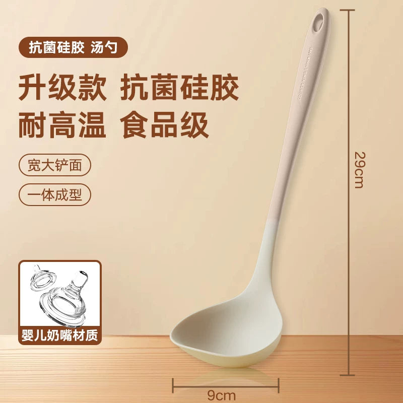 Cuidahuang silikon spatula, yapışmayan tava, xüsusi qida dərəcəli yüksək temperatura davamlı silikon yemək spatula, süzgəc və şorba qaşığı dəsti