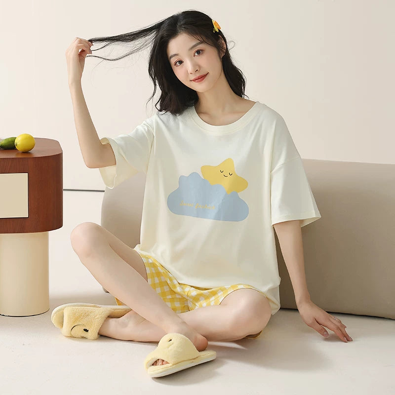 Catman pijama qadın xalis pambıq yay qısaqol şort 100% pambıq çöldə geyinmək olar böyük ölçülü qadın ev geyimi dəsti