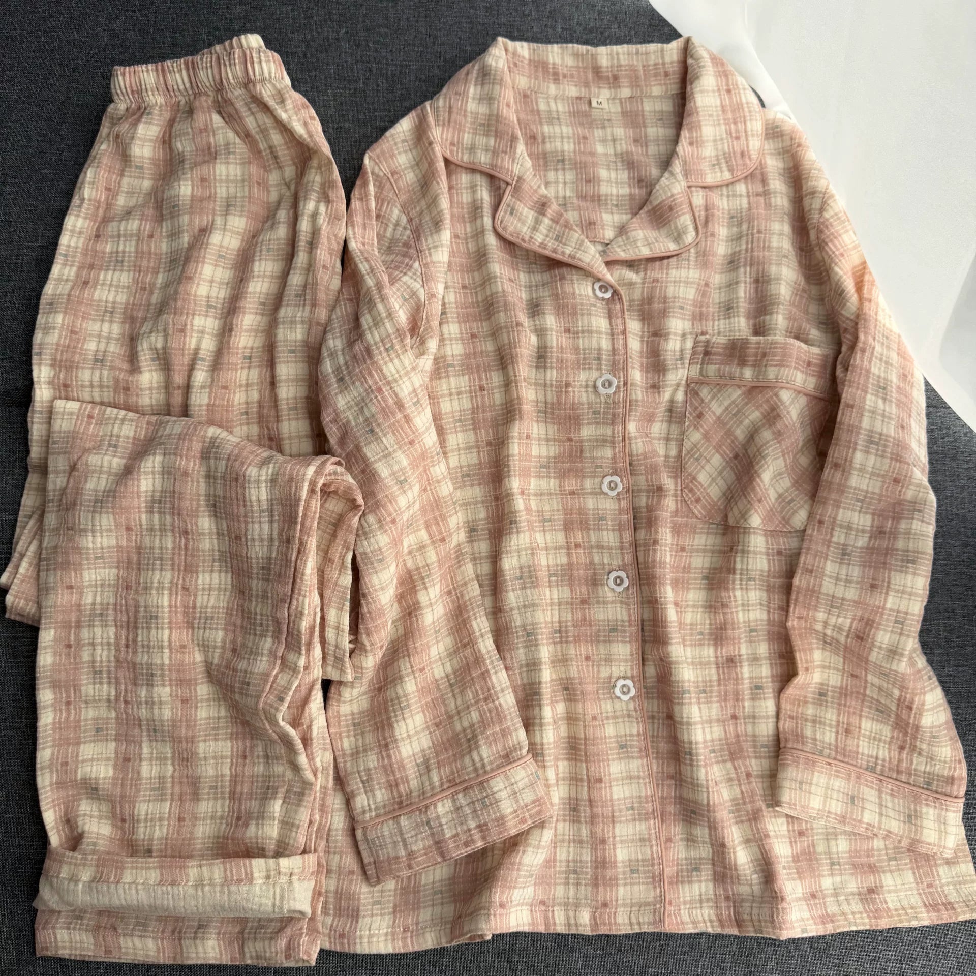 Cütlük üçün təmiz pambıqdan iki qatlı cuna pijama, ev paltarı, barok plaid, klassik uzunqol şalvar, qısaqol şort