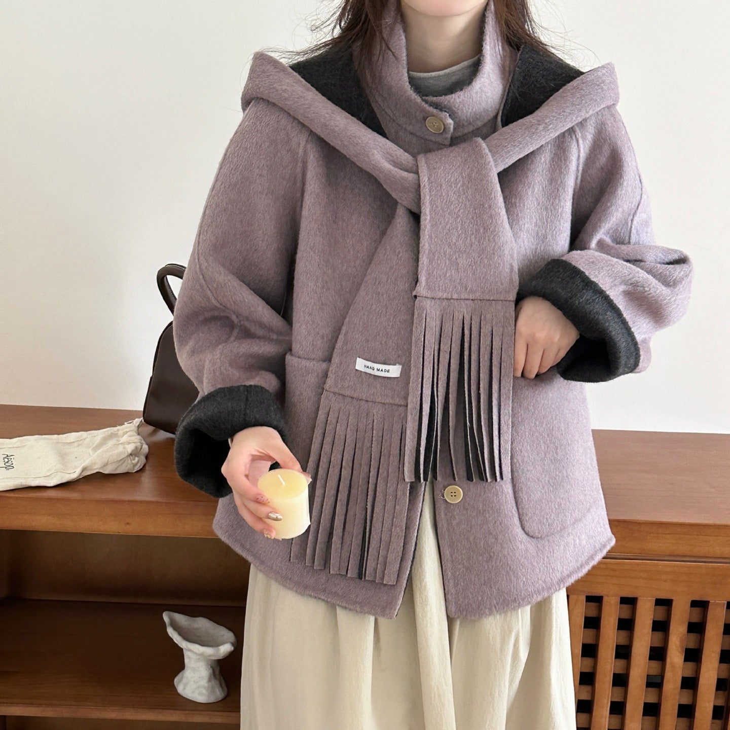 Avropa üslubunda 2025 Payız/Qış Koreya üslubunda eşarp, papaq, iki tərəfli kaşmir palto, qadın qısa yun palto, qalın