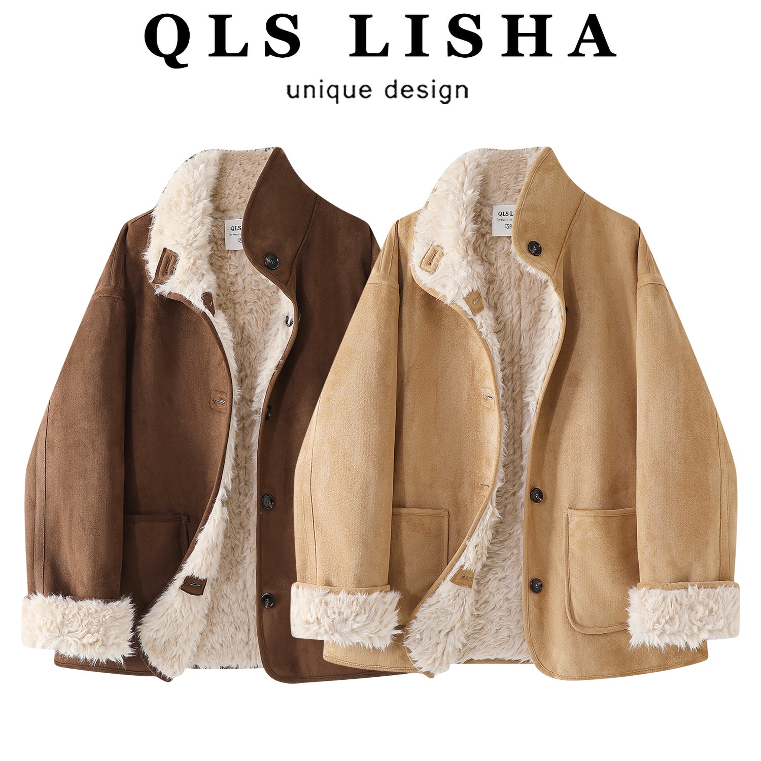 Cholisa-nın qadınlar üçün super şirin payız/qış zamşa paltosu, quzu yunundan hazırlanmış, geri çevrilə bilən, orta uzunluqlu model.