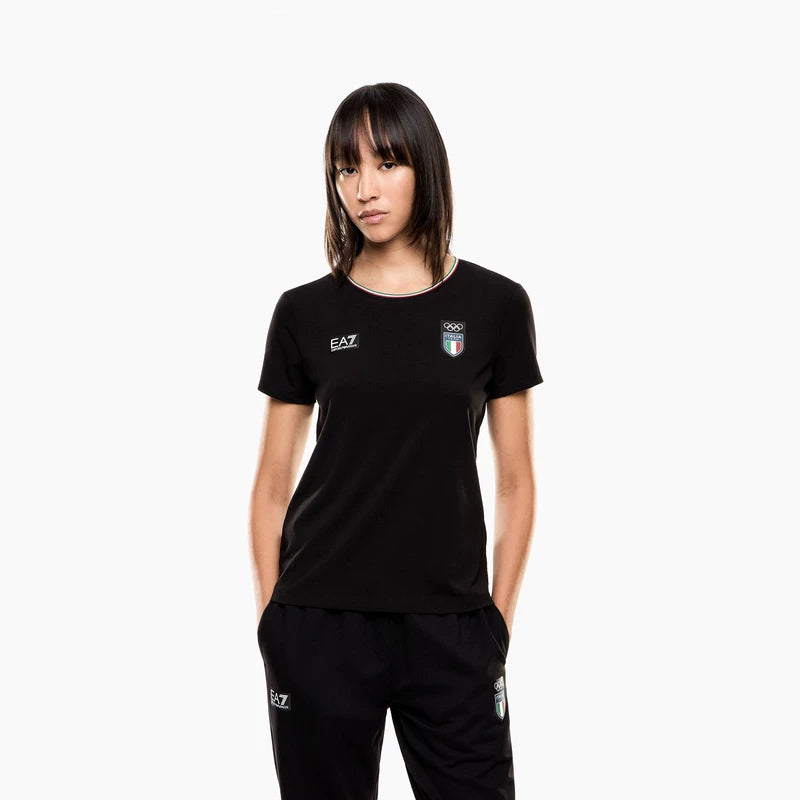 EMPORIO ARMANI EA7 Qış Yeni Qadın Dəyirmi Yaxalı Dartılan Pambıq Qısa Qollu İdman Məşq Köynəyi