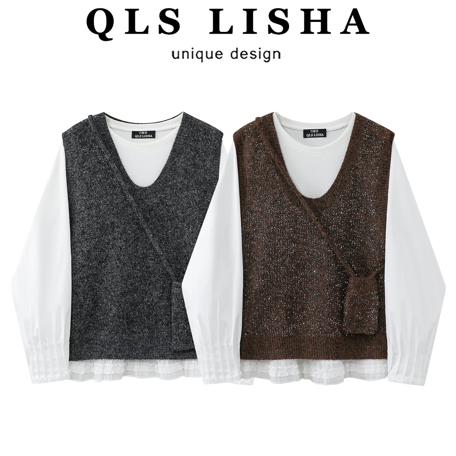 Qadınlar üçün Cholisa Jilet Sviter Dəsti - Daxili Qat kimi Uzunqollu Futbolka ilə Çox Qəşəng İki Parçalı Payız Geyimi