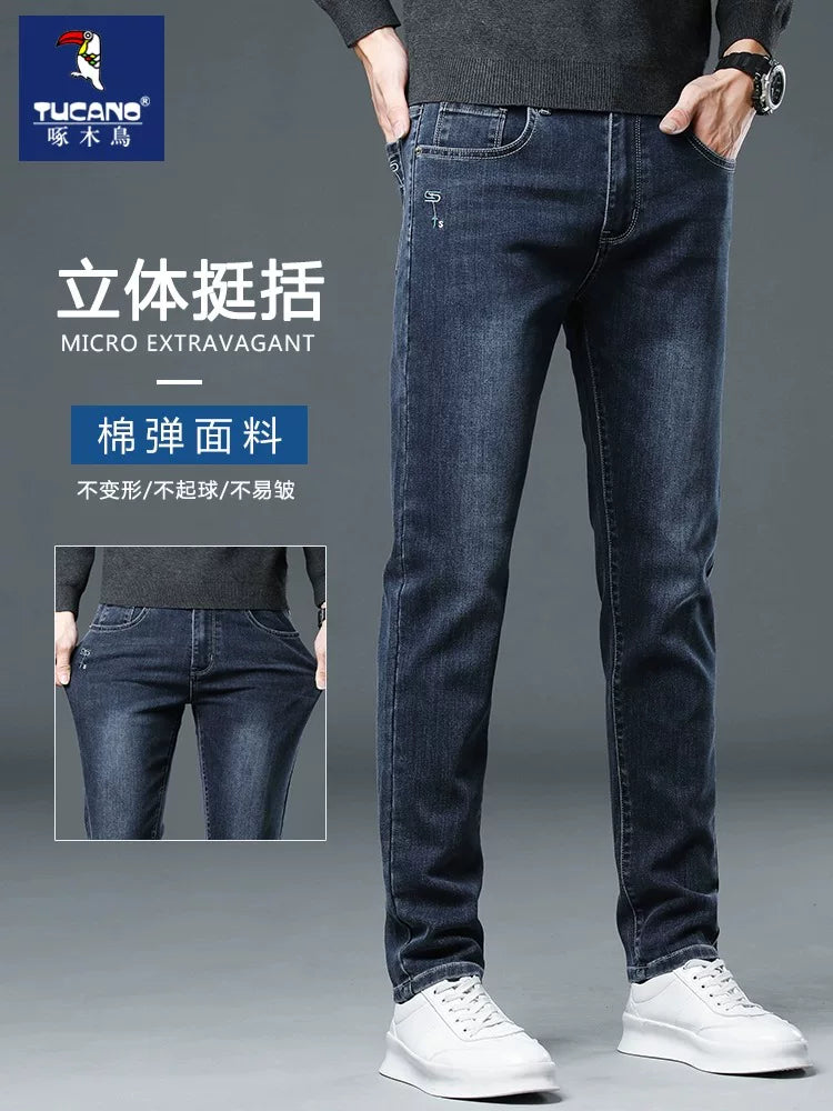 Ağacdələn yaz və payız yeni jeans kişi nazik düz elastik yüksək səviyyəli kişi şalvarları kişilər üçün yay nazik gündəlik şalvar