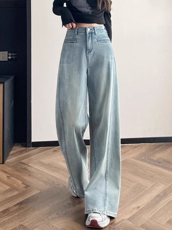 Qadınlar üçün mavi enli ayaqlı cins şalvar, 2026-cı ilin yazı, böyük ölçü, yüksək bel, dolğun, boş forma, arıqladıcı dizayn, əyri bıçaqlı şalvar