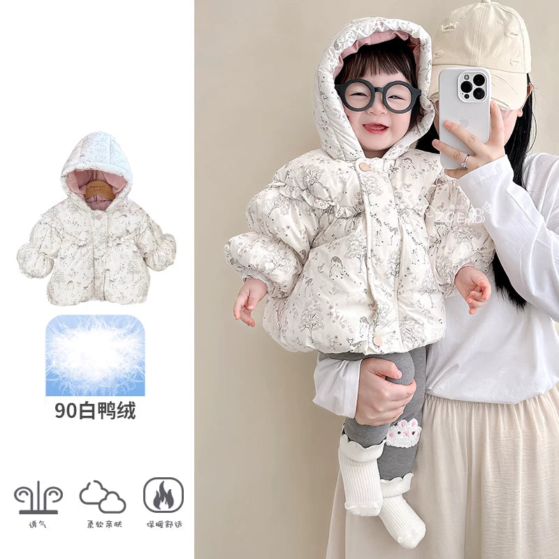 Fransız Uamtor qış qızlar üçün tüklü gödəkçə dəsti, ağ ördək tüklü gödəkçə, körpə geyimləri, isti və soyuğa davamlı açıq hava geyimi