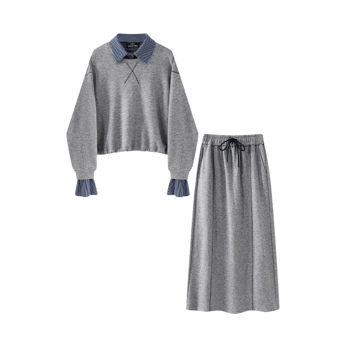 Cholisa'nın preppy stilində iki hissəli kostyum ətəyi, yaz və payız Koreya stilində rəngli bloklu köynək və sviter, 2026-cı ilin super populyar iki hissəli qadın geyimləri