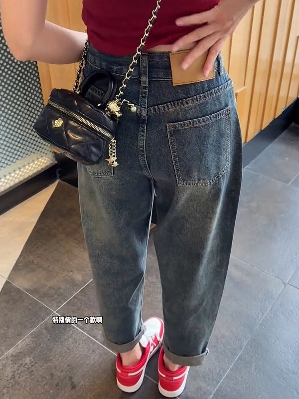 Qadınlar üçün Retro Harem Cins Şalvar, 2026 Yay Yeni Modeli, Armud Formalı Böyük Ölçülü, Yüksək Bel, Arıqladıcı Ata Yerkökü Şalvarı