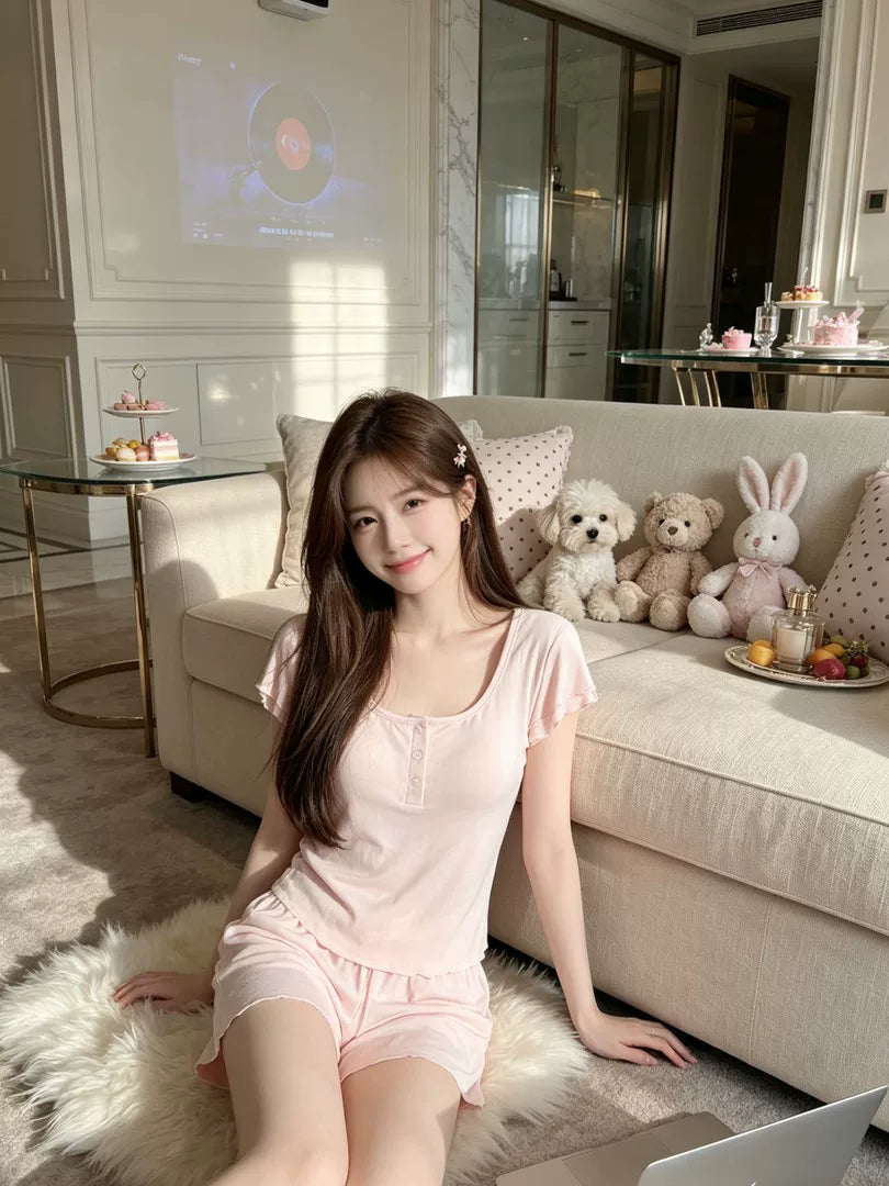 Qadınlar üçün modal pambıq pijama 2026 yeni yay yüksək səviyyəli qısaqol üç hissəli döş yastıqları ilə dəst çəhrayı ev paltarı